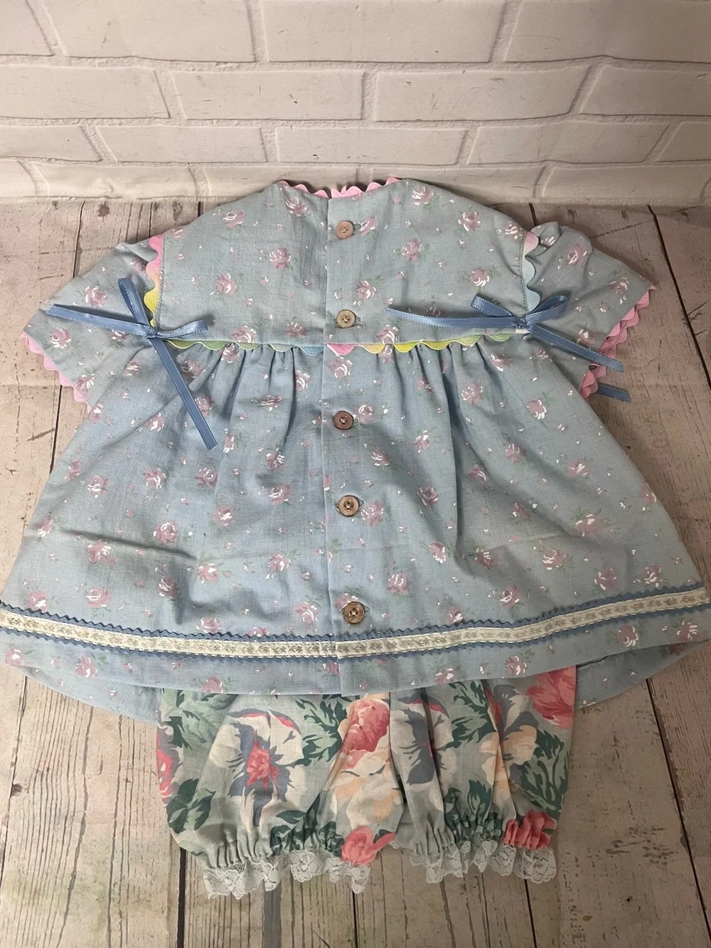Vintage Hand Made Size 9-12 Months Baby Dress Embroidered Flower Bow Blue